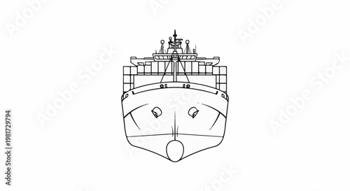 Front view line drawing of a large container cargo ship with stacked containers