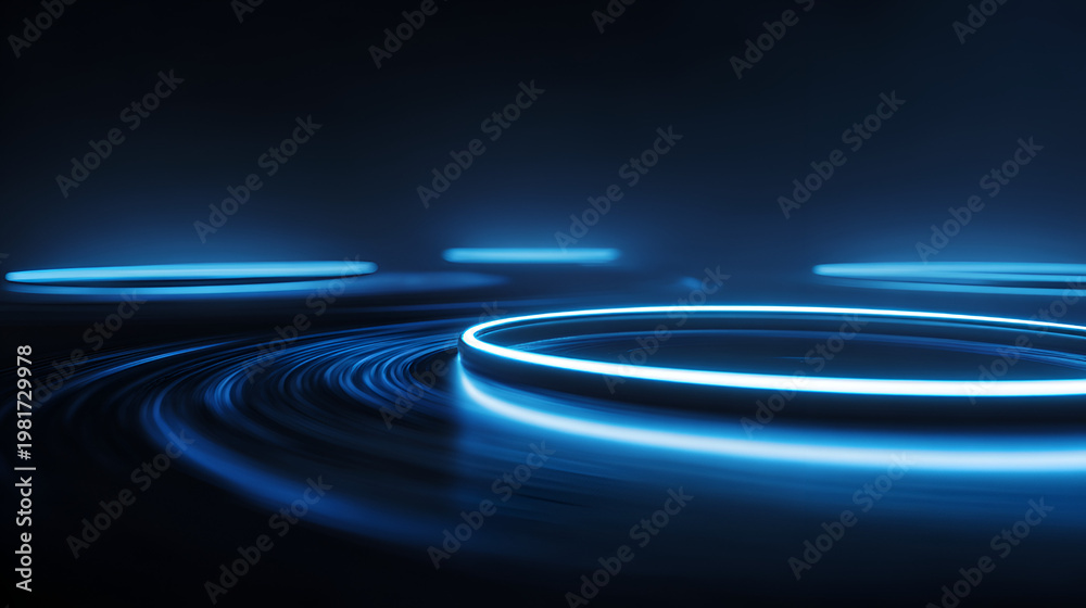 Fototapeta premium Blue circles glowing overpping on dark blue background. Speed motion moving movement concept Blue neon ring. Glowing circle. Glow effect. Round light frame. abstract light lines of movement
