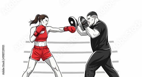 Female boxer throws a punch at trainer holding pads in a ring