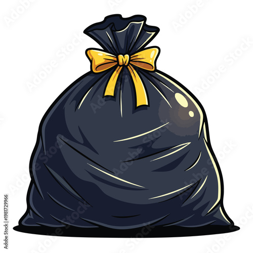 Cartoon style Black Garbage Bag with Yellow Ribbons for Waste Disposal