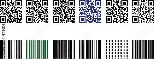 QR codes and barcodes are arranged in a horizontal row to display various scanning patterns for digital identification and inventory management systems.