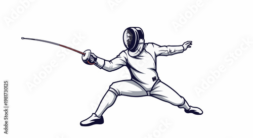 Fencer in protective gear lunges forward with foil raised