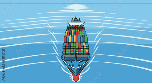 Front view of a massive container ship sailing across a calm blue ocean