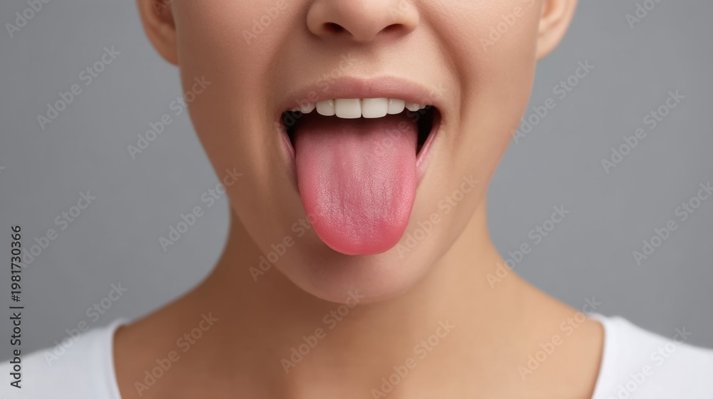 Fototapeta premium Close-up of Woman Sticking Out Her Tongue Against Neutral Background, Expressing Playfulness and Fun in Portrait Photography