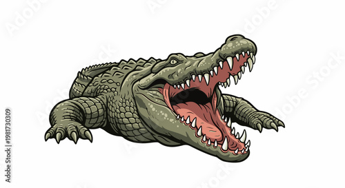 Ferocious reptile with mouth wide open displays sharp teeth