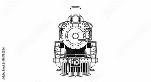 Frontal view of a detailed, classic steam locomotive drawing