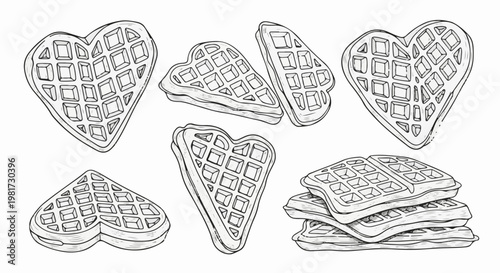Hand-drawn black and white illustration of heart-shaped waffles