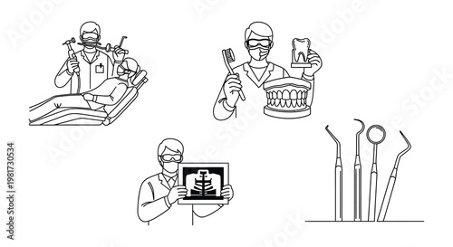 Dental care illustration featuring dentists tools and teeth imagery