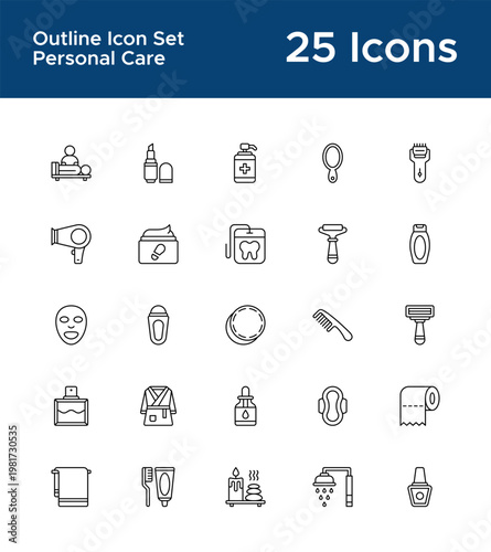 Personal care outline icon set for hygiene and self care app UI. Skincare and wellness line icons