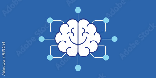 White brain with blue lines and light blue nodes on blue background