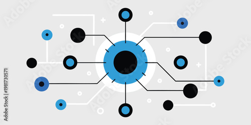 Blue and black circuit board with connections and nodes on gray background