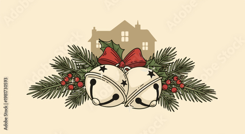 Festive bells and holly adorn a silhouette of a house