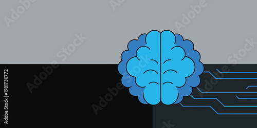 Blue brain with circuit lines on gray and black background