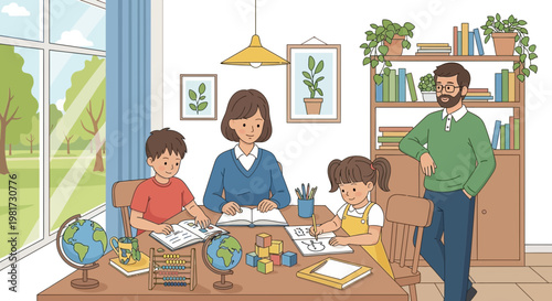 Family learning together at home, children doing homework with parents
