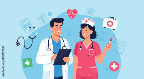 Doctor and Nurse with Medical Icons