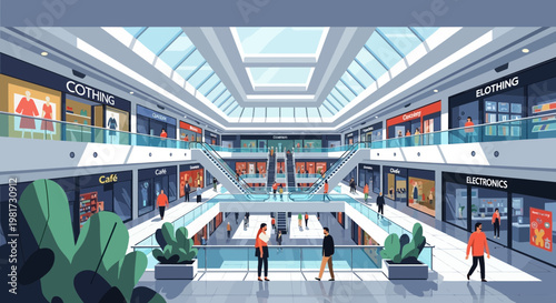 Modern Shopping Mall Interior with Escalators, Shops, and People