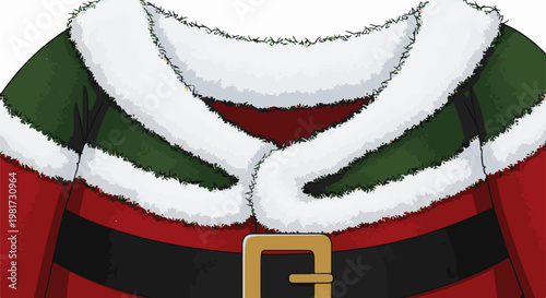 Festive close-up of a jolly character's red coat with fluffy trim and lights