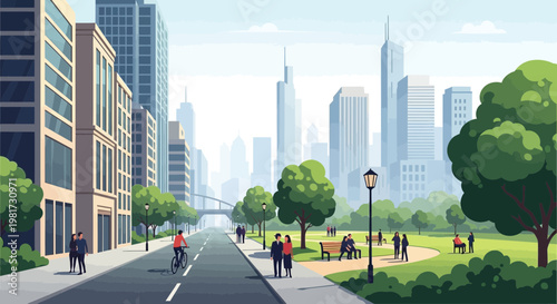 Vibrant City Park Scene with People Enjoying Outdoors Amidst Modern Architecture