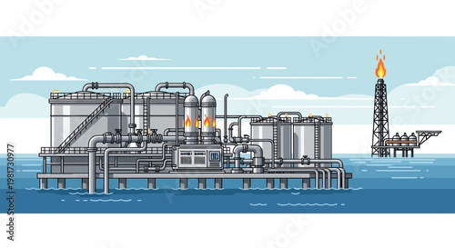 Offshore Oil Platform Industrial Facility with Flare Stack and Storage Tanks