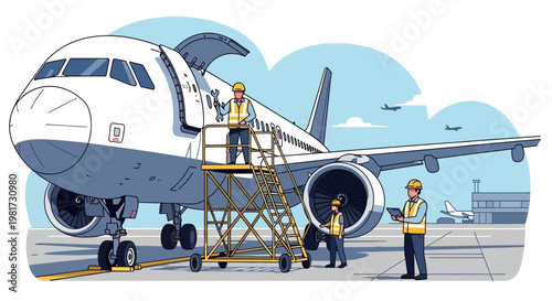 Airplane Maintenance Crew Working on Jet Engine and Fuselage at Airport