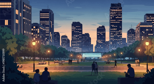 Pixel Art Cityscape at Dusk: Park with Silhouetted People and Modern Buildings