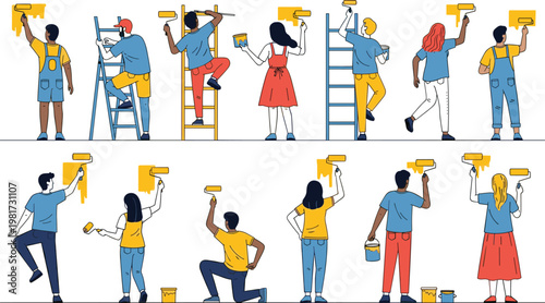 Construction worker activity collection with painters and builders using tools, renovation and maintenance teamwork illustration set isolated on white background