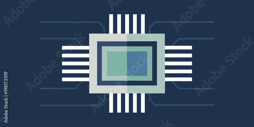 Dark blue background with gray and blue microchip circuit board