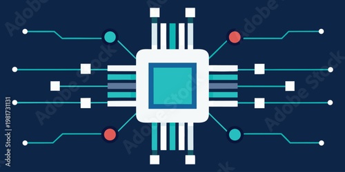 Dark blue background with white, blue, and red microchip circuit board