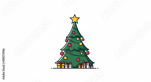 Festive decorated evergreen tree with presents beneath