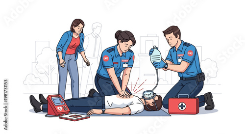 Paramedics Performing CPR and Using Defibrillator on Patient Outdoors