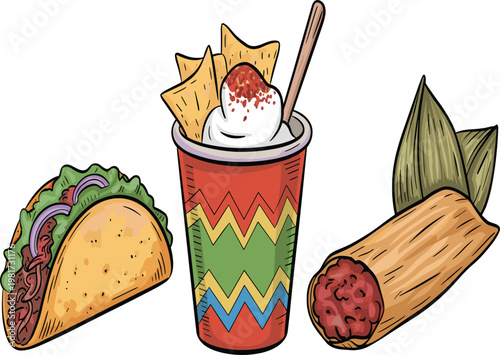 Traditional Mexican street food set featuring delicious beef taco, tamale, and nachos in a colorful cup