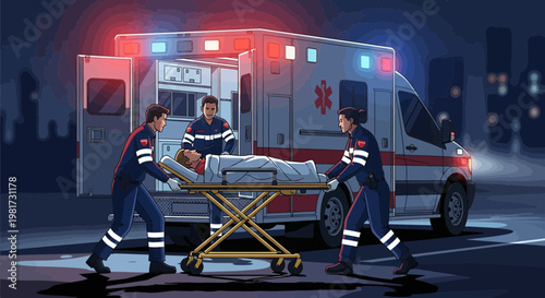 Ambulance Crew Transporting Patient at Night with Emergency Lights Flashing