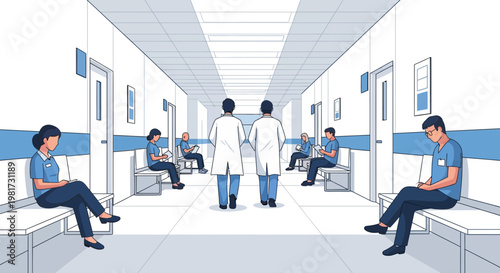 Hospital Corridor Scene with Medical Staff and Patients Waiting