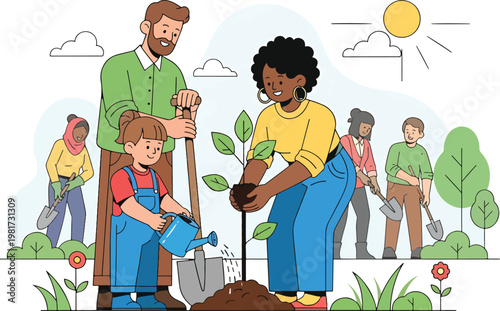 A diverse group of people, including adults and children, actively participating in a community tree planting event outdoors under a sunny sky, promoting environmental care.