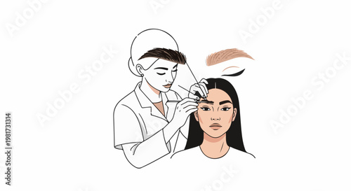 Eyebrow shaping procedure, beauty expert applying makeup to client's face