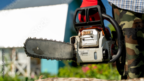 Person holds chainsaw, ready to use