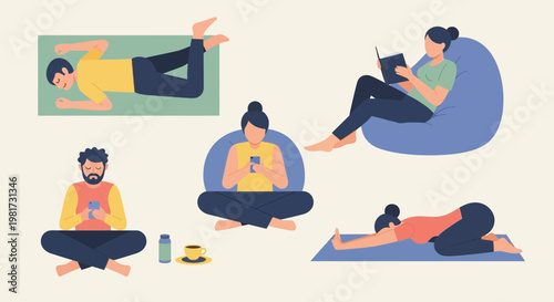 Relaxing activities for well-being and self-care reading, yoga, and phone use illustration