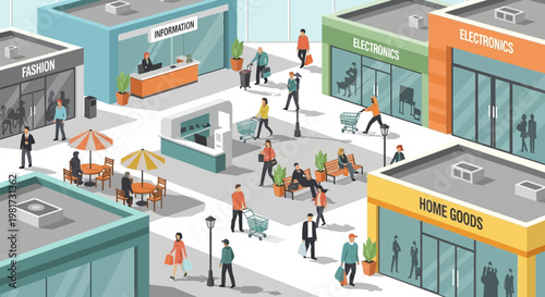 Busy Shopping Street with Diverse Stores and Shoppers - Cartoon Style