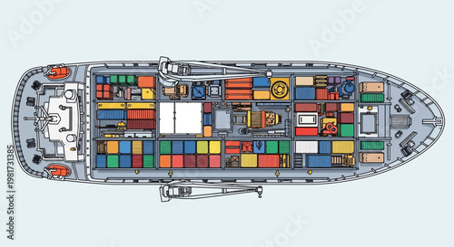 Top view of a cargo ship deck filled with colorful shipping containers and equipment.