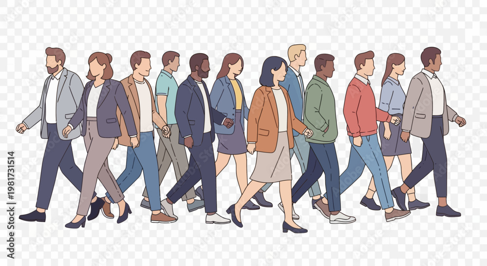 Obraz premium Diverse group of professionals walking in the same direction, symbolizing progress and teamwork