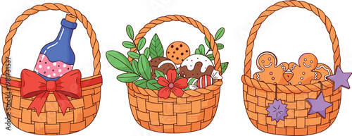 Wicker gift basket collection with fruits snacks and decorative items, handmade woven containers set for festive packaging and holiday presentation