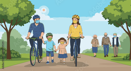 Family and elderly people enjoy a sunny day outdoors, cycling and walking