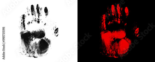 Fotografi Smudged double handprint set with ink texture on dark background layer
