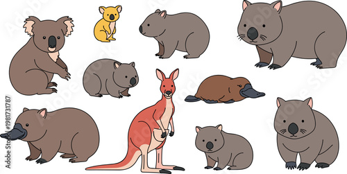 Australian animals collection with kangaroo koala wombat and platypus, cute wildlife vector illustration set isolated background