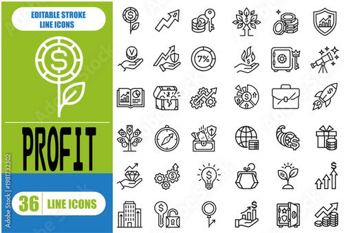 Profit icon set. Containing money, finance, growth, investment, cash, income, savings, earnings, management, pension and more. Editable line icons. Vector illustration.
