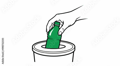 Hand depositing green bottle into recycling bin