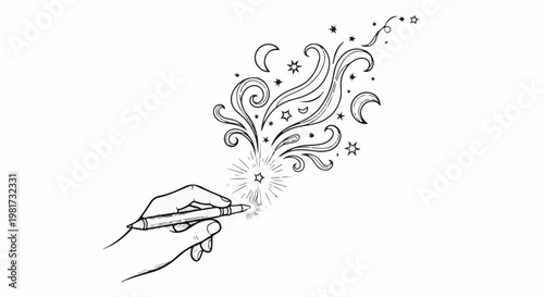 Hand drawing swirls, stars, and moons emanating from a pencil tip