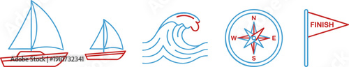 Sailing and navigation icons set illustration with boats waves compass and finish flag, marine travel and sea adventure concept minimal line design
