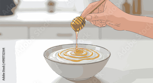 Hand drizzling thick golden honey onto a bowl of creamy white yogurt