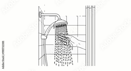 Hand feeling water temperature from showerhead, tiled wall, shower curtain